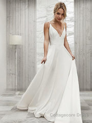 A-Line/Princess V-neck Sweep Train Charmeuse Wedding Dresses