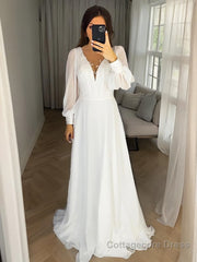 A-Line/Princess V-neck Sweep Train Chiffon Wedding Dresses