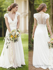 A-Line/Princess V-neck Sweep Train Chiffon Wedding Dresses