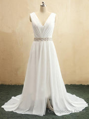 A-Line/Princess V-neck Sweep Train Chiffon Wedding Dresses With Leg Slit