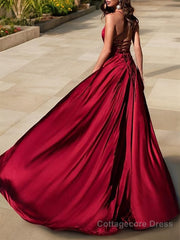 A-Line/Princess V-neck Sweep Train Elastic Woven Satin Evening Dresses With Leg Slit