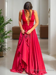 A-Line/Princess V-neck Sweep Train Elastic Woven Satin Evening Dresses With Ruffles