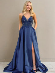 A-Line/Princess V-neck Sweep Train Elastic Woven Satin Prom Dresses With Leg Slit