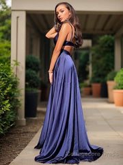 A-Line/Princess V-neck Sweep Train Silk like Satin Evening Dresses With Leg Slit