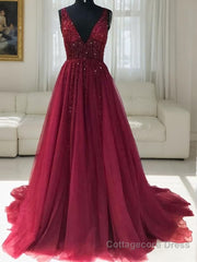 A-Line/Princess V-neck Sweep Train Tulle Evening Dresses With Ruffles