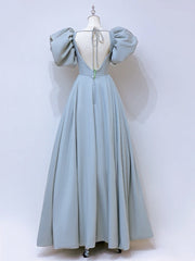 A-Line Puff sleeves Long Blue Prom Dress, Square Neckline Blue Long Formal Dress