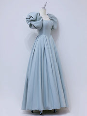 A-Line Puff sleeves Long Blue Prom Dress, Square Neckline Blue Long Formal Dress