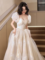 A-Line Puff Sleeves Tulle Lace Champagne Long Prom Dress