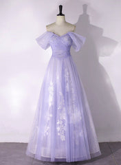 A-line Purple Tulle with Lace Off Shoulder Formal Dress, Purple Tulle Prom Dress