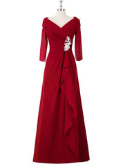 A Line Red Full Sleeve V-Neck Long Mother of the Bride Dressess