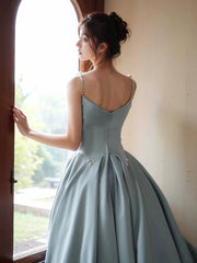 A-line Satin Blue Long Straps Evening Dress, Satin Long Prom Dress