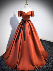 A-Line Satin Orange Long Prom Dresses, Orange Formal Evening Dresses