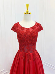 A-Line Scoop Neckline Satin Lace Burgundy Long Prom Dress, Burgundy Lace Long Formal Dress