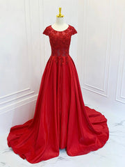 A-Line Scoop Neckline Satin Lace Burgundy Long Prom Dress, Burgundy Lace Long Formal Dress