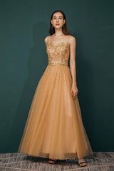 A-Line Scoop Neckline Sheer Appliques Beaded Ankle Length Prom Dresses