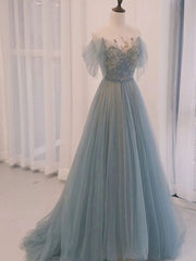 A-Line Scoop Neckline Tulle Long Prom Dress with Sequin