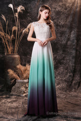 A Line Sleeveless Appliques Ombre Silk Like Satin Floor Length Prom Dresses