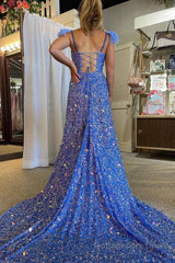 A Line Spaghetti Straps Blue Sequins Long Prom Dress with Feathers