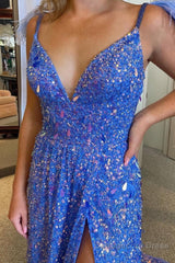 A Line Spaghetti Straps Blue Sequins Long Prom Dress with Feathers