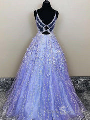 Lavender Spaghetti Straps Lace Floral A-line Formal Gowns Long Prom Dresses