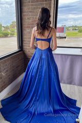 A-Line Spaghetti Straps Royal Blue Long Prom Dress with Beading