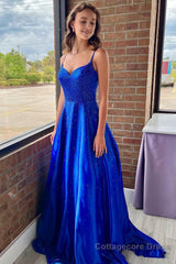 A-Line Spaghetti Straps Royal Blue Long Prom Dress with Beading