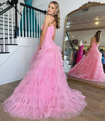 A-Line Spaghetti Straps Tiered Tulle Prom Dress