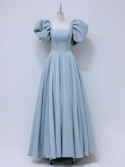 A-Line  Square Neckline Puff sleeves Long Blue Prom Dress, Blue Long Formal Dress