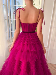 A Line Strapless Fuchsia Tiered Long Tulle Prom Dress