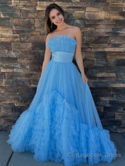 A-Line Strapless Pink Tiered Long Tulle Prom Dress