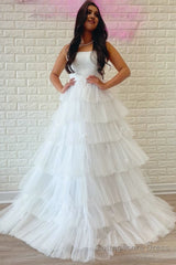 A-Line Strapless Tiered Tulle Prom Dress with Ruffles