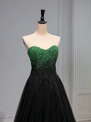 A Line Sweetheart Neck Green Beads Black Tulle Long Prom Dress Evening Dress