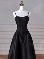 A-Line Sweetheart Neck Satin Black Long Prom Dress, Black Long Evening Dress