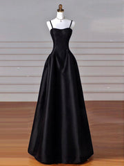 A-Line Sweetheart Neck Satin Black Long Prom Dress, Black Long Evening Dress