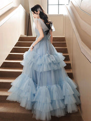 A-Line Sweetheart Neck Tulle Blue Long Prom Dress, Blue Long Formal Dress