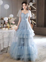 A-Line Sweetheart Neck Tulle Blue Long Prom Dress, Blue Long Formal Dress