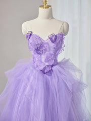 A-Line Sweetheart Neck Tulle Lace Applique Purple Long Prom Dress, Purple Formal Dress