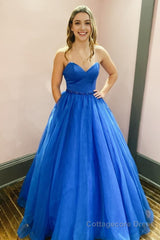 A Line Sweetheart Royal Blue Long Prom Dress with Beading and Pockets