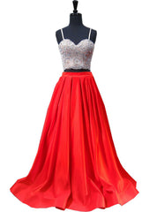 A-line Sweetheart Spaghetti Strap Satin Red Two Piece Prom Dress