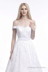 A Line Tea Length Lace Off Shoulder Mid-length Wedding Dresses