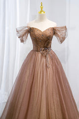 A-Line Tulle Beaded Long Formal Dress, Off the Shoulder Evening Dress