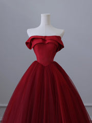 A-Line Tulle Burgundy Long Prom Dress, Tulle Burgundy Long Formal Dress