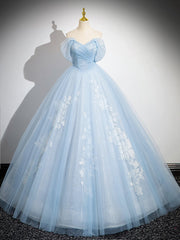 A-Line Tulle Lace Blue Long Prom Dress, Off Shoulder Blue Long Sweet 16 Dress