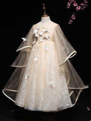 A-Line Tulle Lace Butterfly Champagne Flower Girl Dress