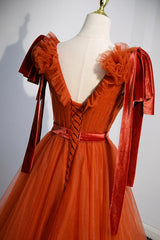 A-Line Tulle Long Prom Dress, Orange V-Neck Long Simple Evening Dress