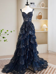 A-Line Tulle Sequin Navy Blue Long Prom Dress, Navy Blue Sequin Long Formal Dress