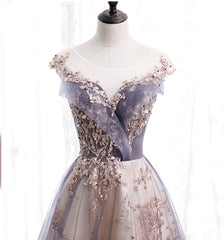 A-line Tulle with Lace Applique Party Dress, Tulle Long Prom Dress