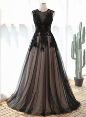 A-line Tulle with Lace Round Neckline Floor Length Party Dress, Black Prom Dress