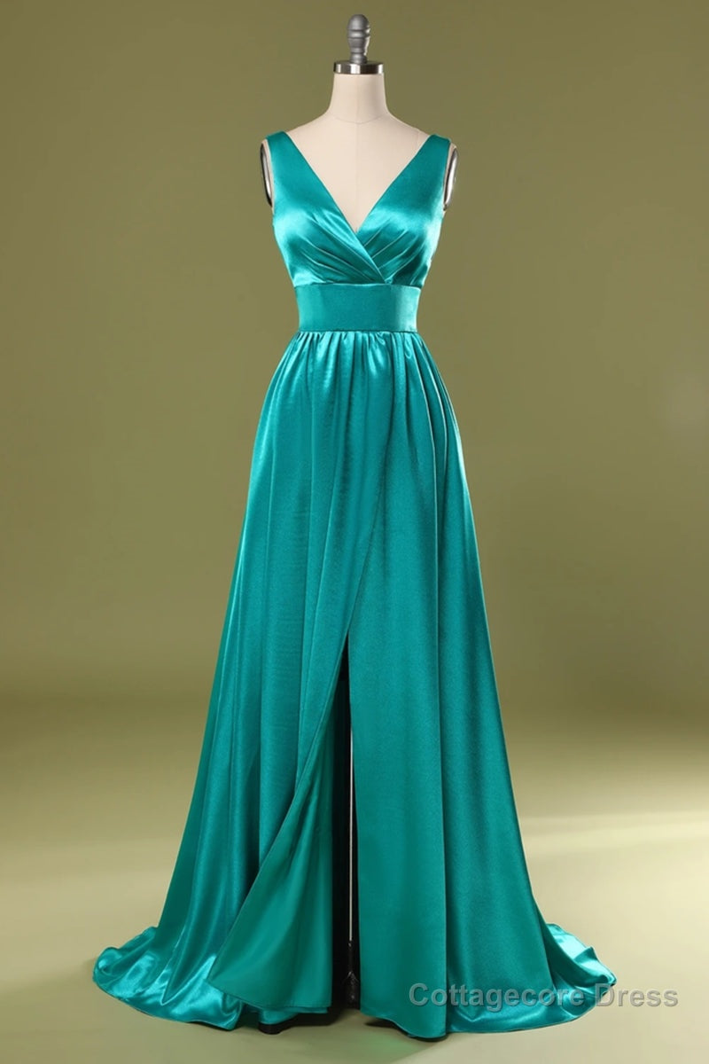 A Line V Neck and V Back Turquoise Long Prom Dress with Slit, Turquoise Formal Graduation Evening Dress