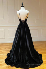 A Line V Neck Backless Black Velvet Long Prom Dresses, V Neck Black Formal Dresses, Black Velvet Evening Dresses